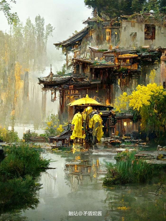 中国古建筑美之-仲夏风雨楼阁插画图片壁纸