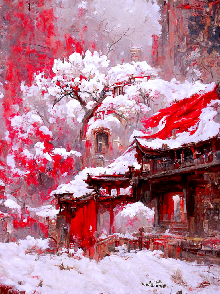 中国古建筑美之-踏雪寻梅插画图片壁纸