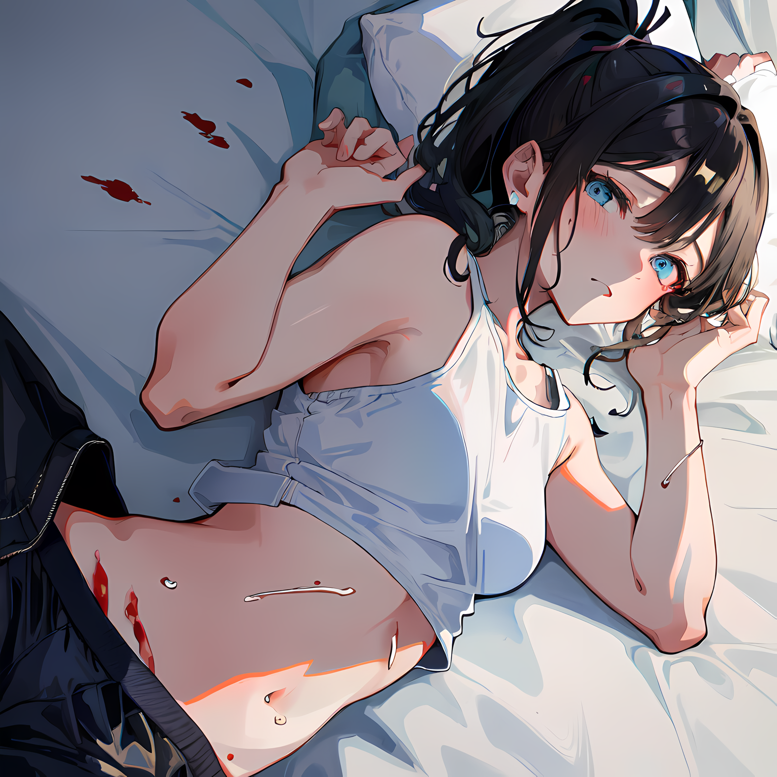 床单上的血迹：少女与枕头会心一笑插画图片壁纸