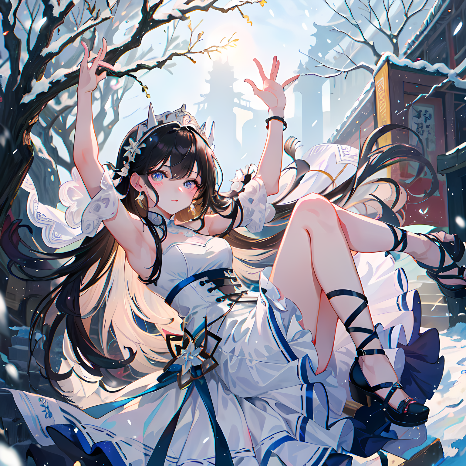 雪中纯白裙饰，枝头挺胸举珠耳闪烁，高跟漆靴，冬日童话。插画图片壁纸