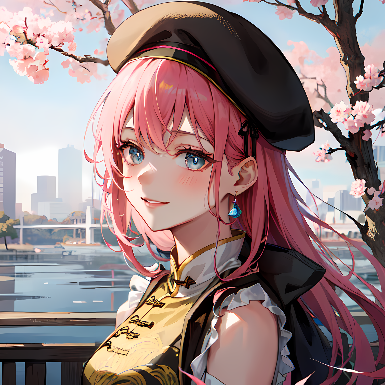 樱花树下，美少女微笑。