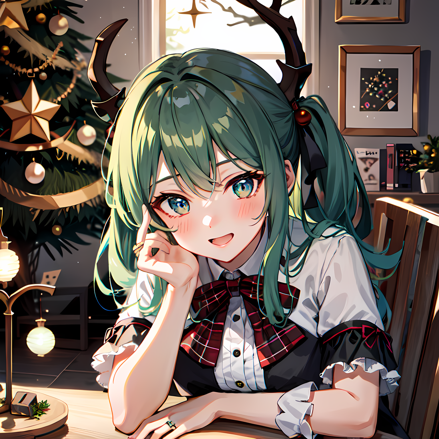 绿头发的女孩在烤火，戴上麋鹿角的圣诞装和圣诞主题的服饰。
