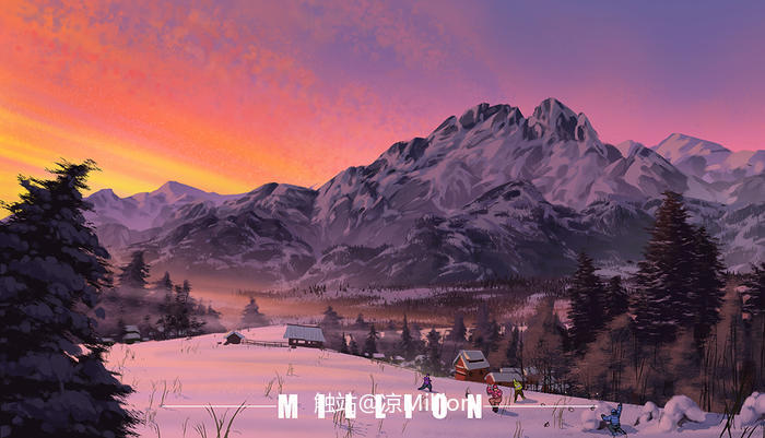 夕阳雪山插画图片壁纸