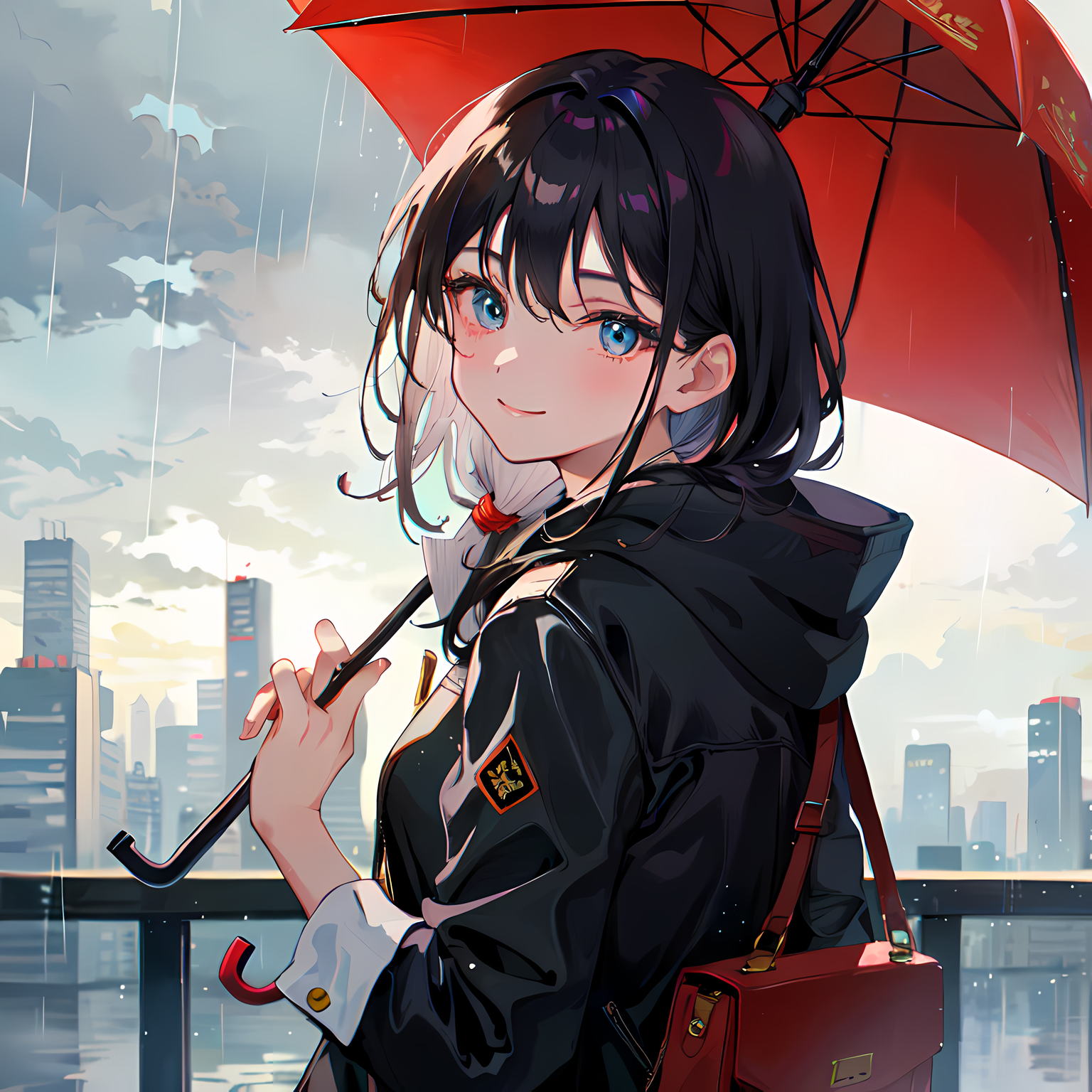 共享的雨伞下，她微笑着望向大厦和桥梁。