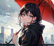 共享的雨伞下，她微笑着望向大厦和桥梁。