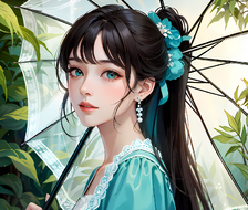 雨中少女花园行：绿幽草木间端庄美。