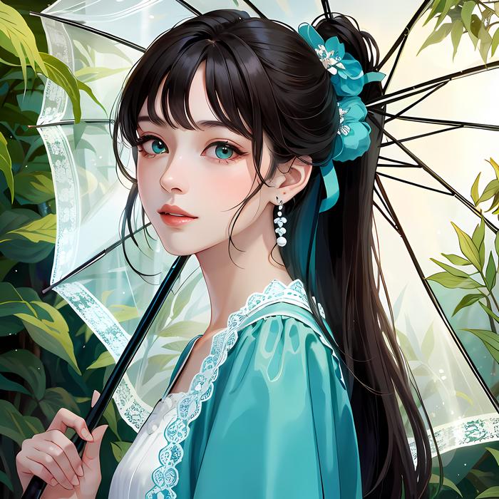 雨中少女花园行：绿幽草木间端庄美。插画图片壁纸