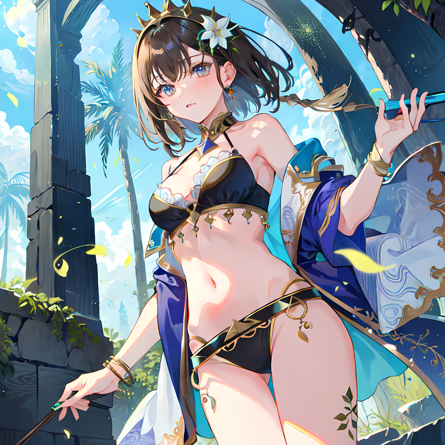 蓝天白云海滩仙女插画图片壁纸