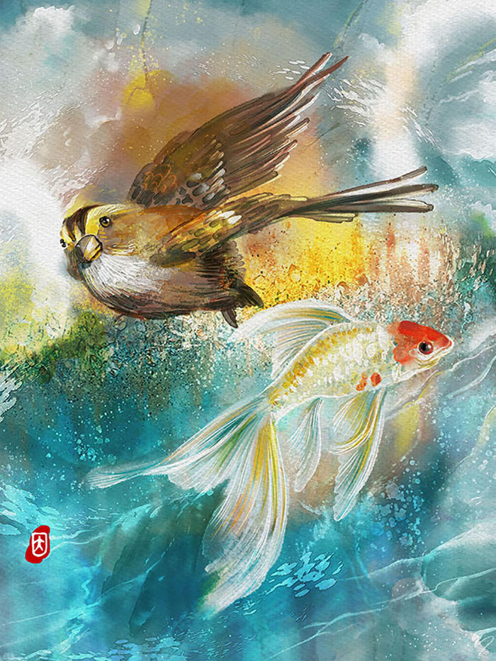 金鱼子系列  飞鸟与鱼插画图片壁纸