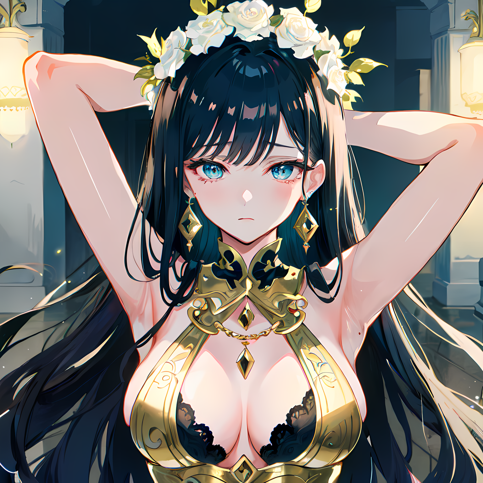 白色鲜花下，少女抬手遮人眼。插画图片壁纸