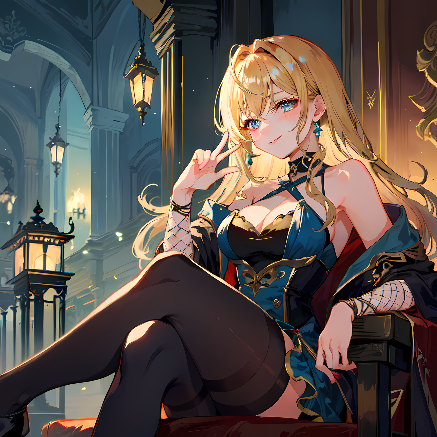 二次元少女独坐，蓝眼睛金发，穿着华美服饰，戴着珠宝，露出肩膀，大腿高筒袜凸显胸部，优雅跨腿，微笑盯视着观众，蜡烛摇曳，窗帘飘动。插画图片壁纸