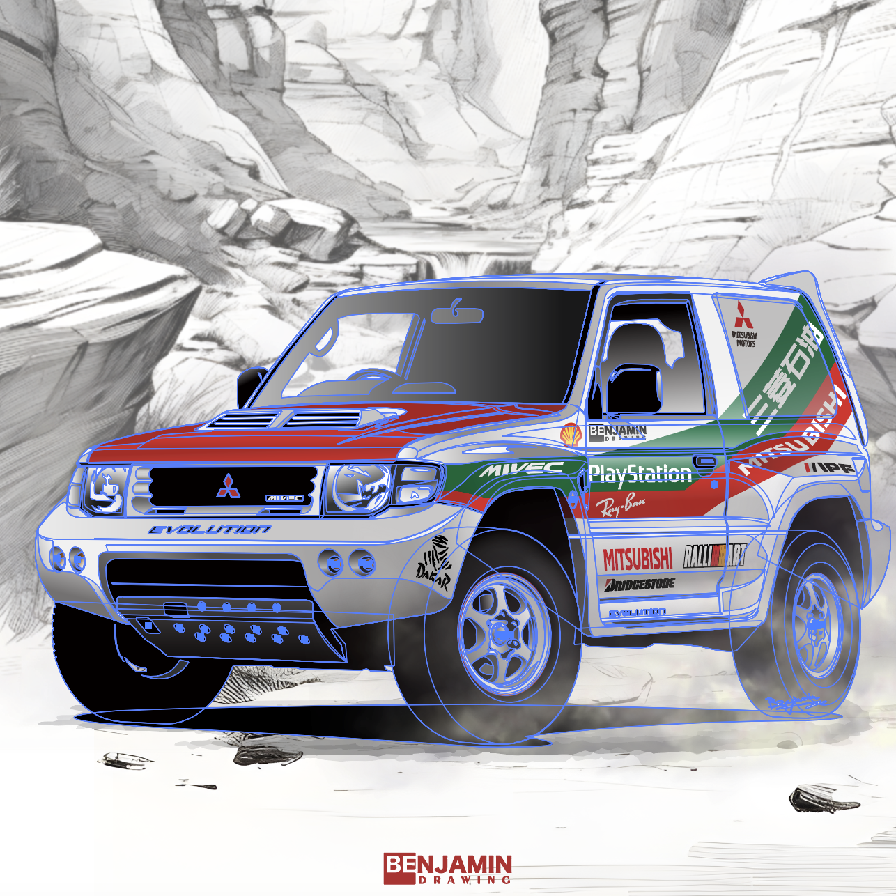 三菱帕杰罗 Mitsubishi pajero 达喀尔拉力赛涂装插画图片壁纸