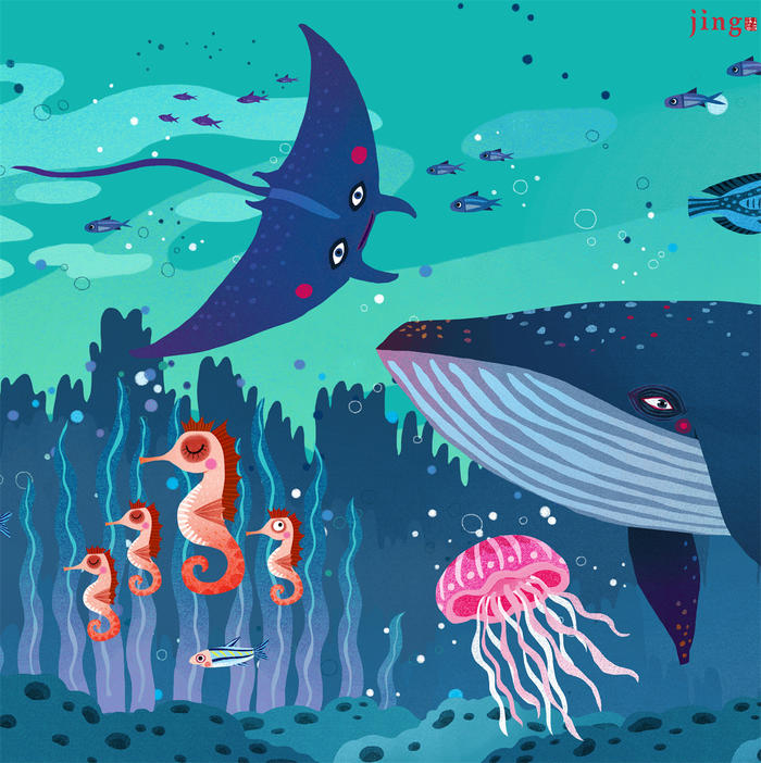 绘制的大横幅海洋动物海洋鱼类拼图插画 鲸鱼 鲨鱼 海豚 蝙蝠鱼 海马 水母 潜水员 探险插画图片壁纸