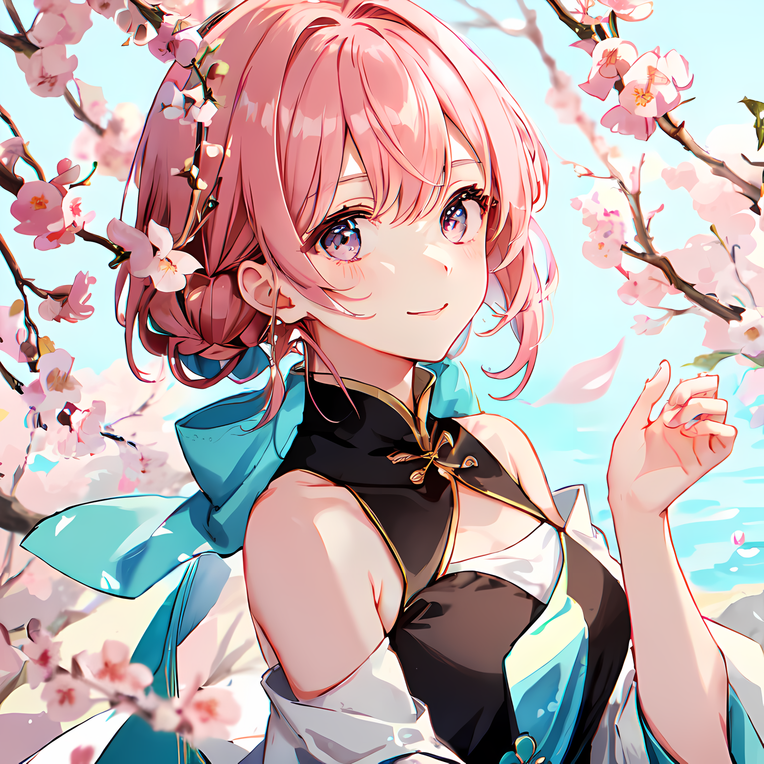 樱花树下，少女微笑。