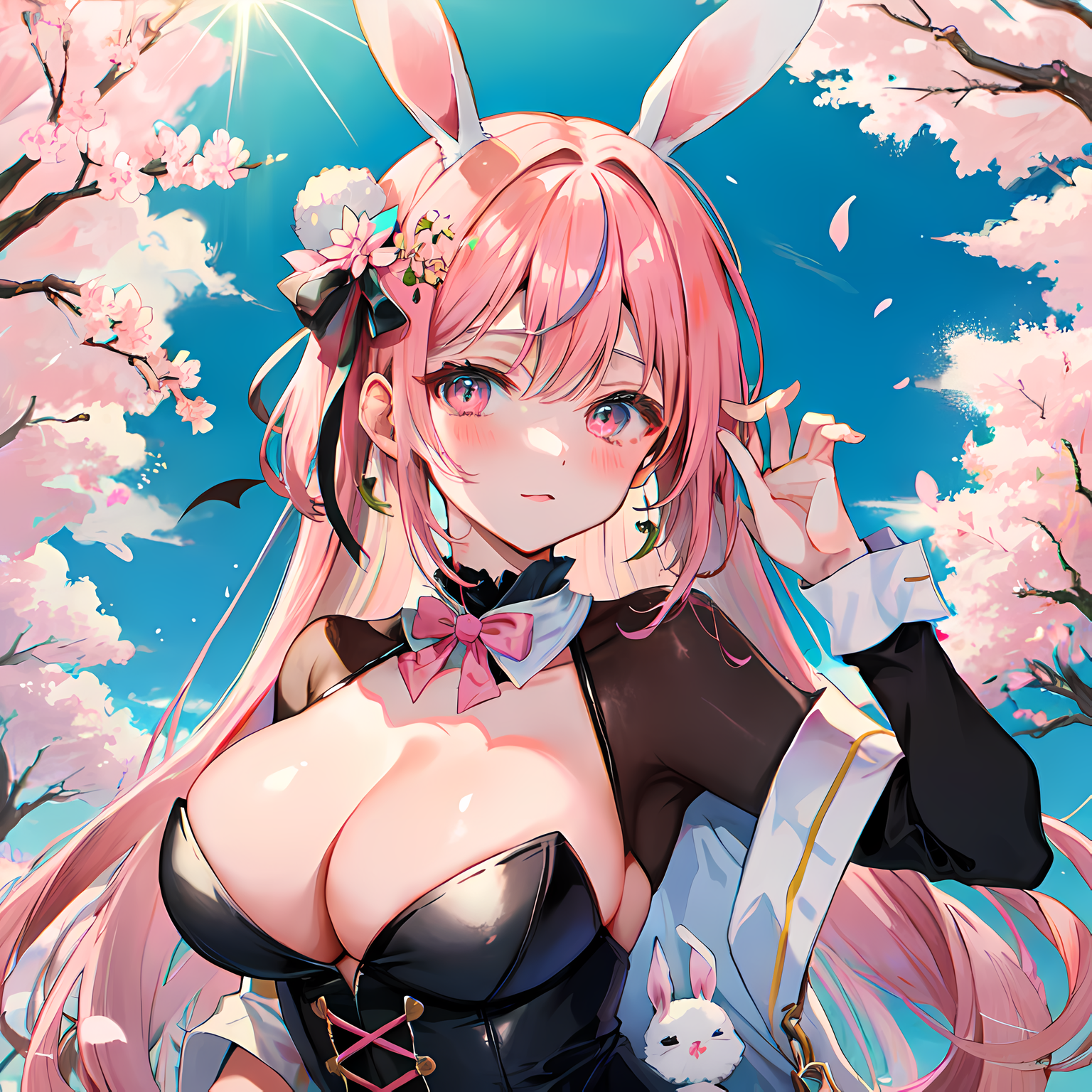 樱花春日，怀抱甜点，白兔俯身。插画图片壁纸