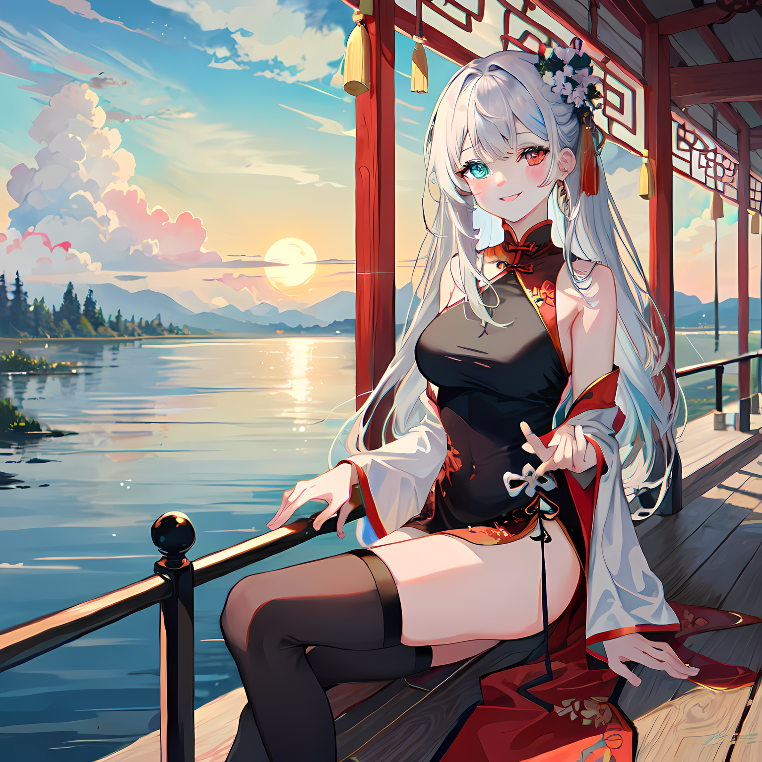 红 蓝 无 间：二次元美女 俯 视 江 海笑。插画图片壁纸