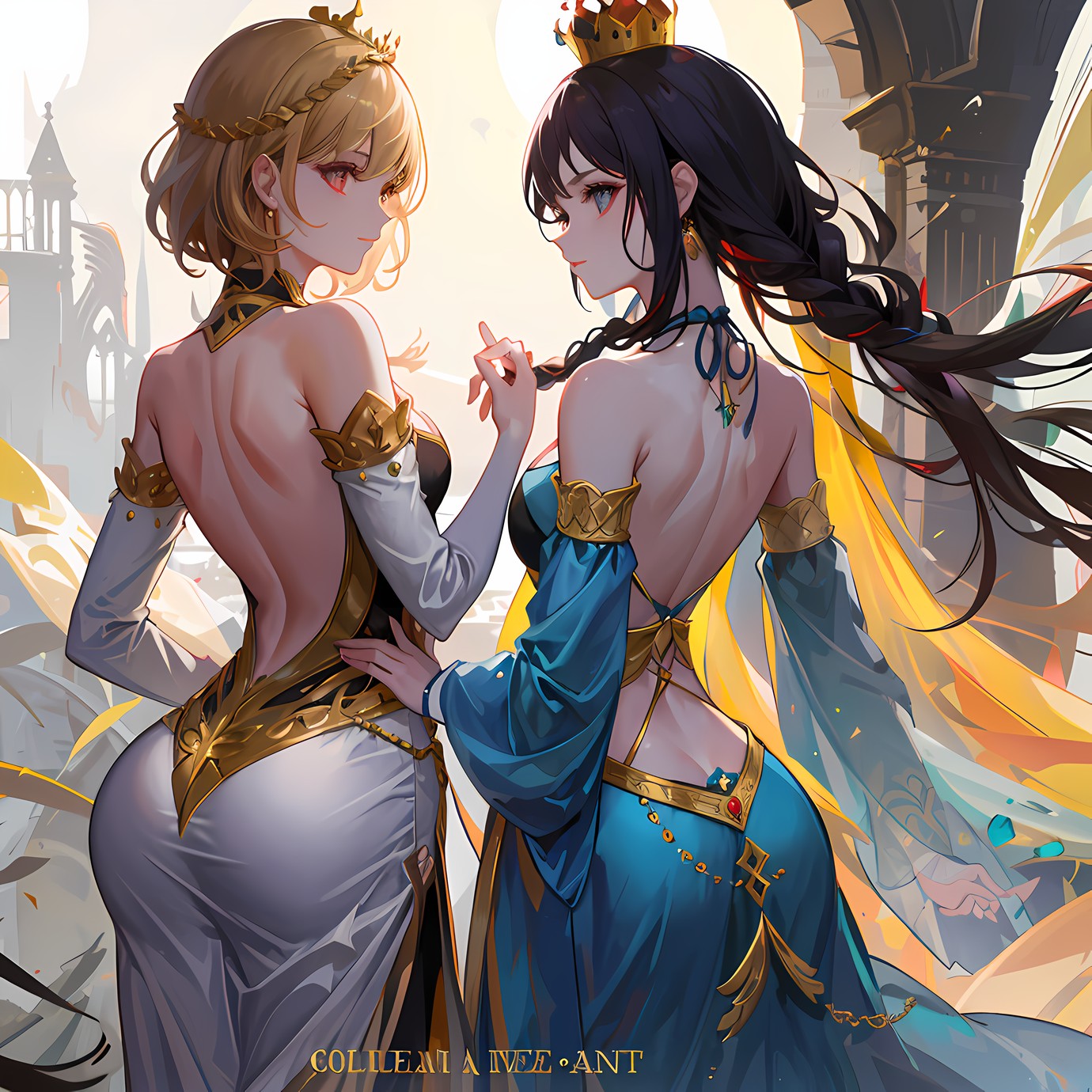 二次元多女子蕾丝公主裙盛装齐聚城堡。