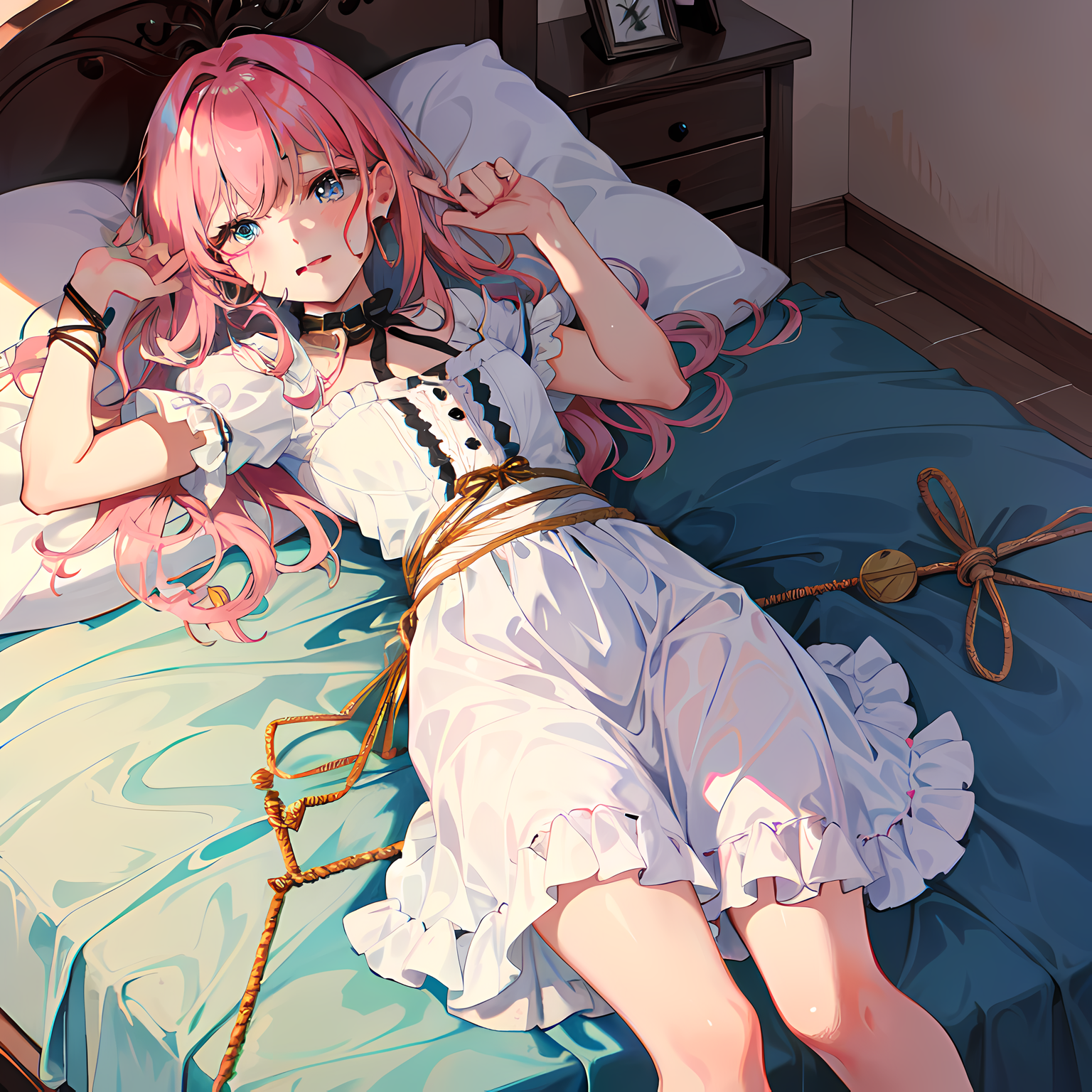翻转睡姿的少女在床上，粉色的长发和蓝色的眼睛，短袖连衣裙展示着可爱的泡泡袖，静静盯着你。