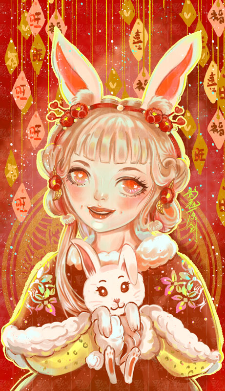 少女与小兔插画图片壁纸
