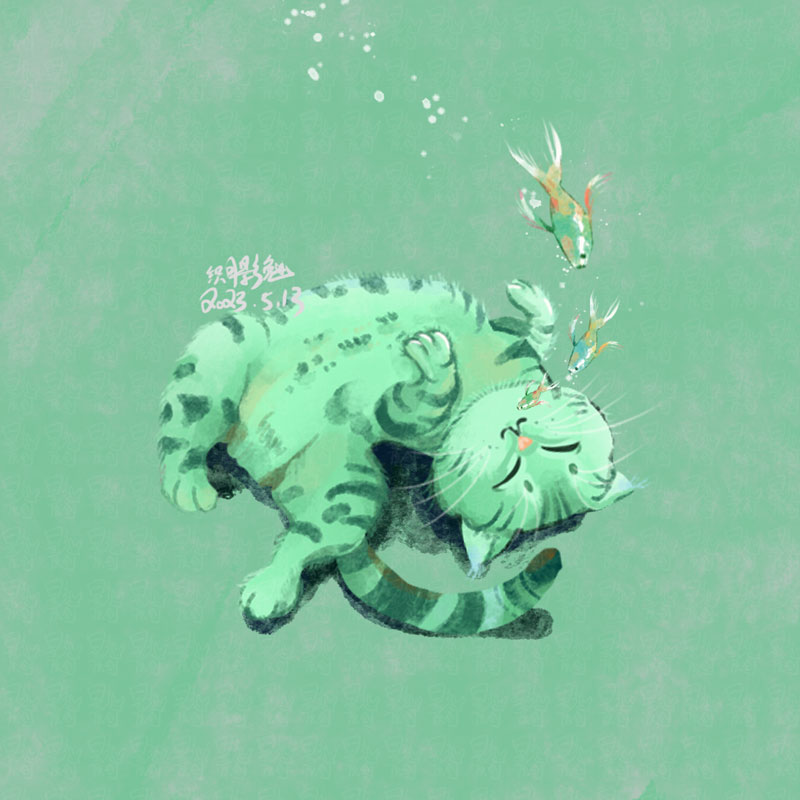 原创插画【睡觉的绿毛小猫】插画图片壁纸
