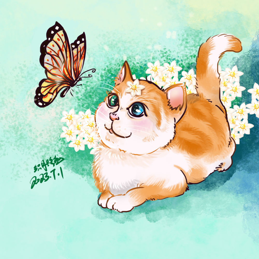 猫咪看蝴蝶-水粉色彩原创插图