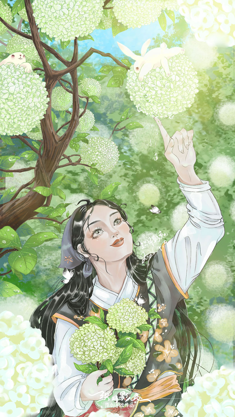 我的原创插画《雨后木绣球》头像同人高清图