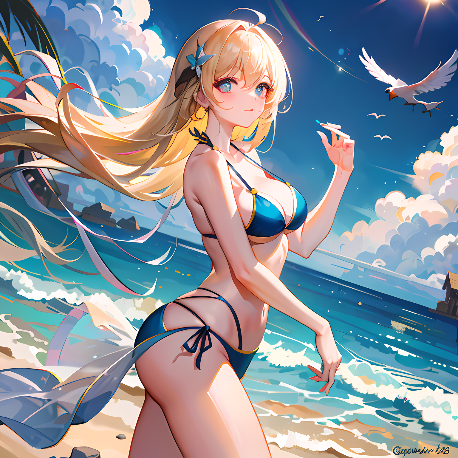 蓝色海岸女孩插画图片壁纸