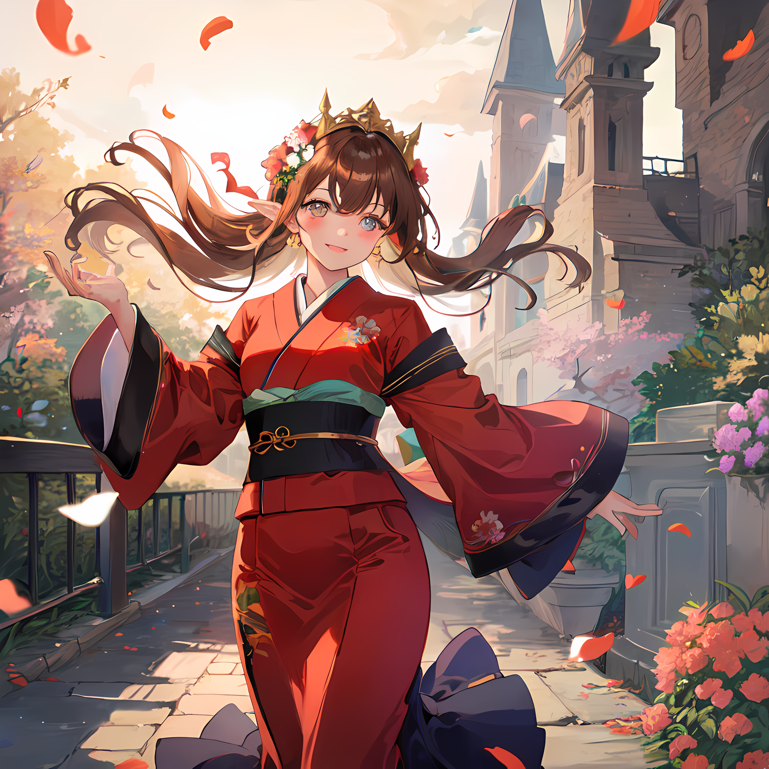 红色花瓣漫落，风中樱花，少女漫步东亚建筑。插画图片壁纸