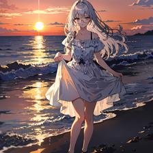 夕阳下海岸边的少女插画图片壁纸