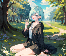 蓝天白云下，孤独少女坐在草地，身边开着各色花朵，不远处树下有一座墓碑。