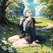 蓝天白云下，孤独少女坐在草地，身边开着各色花朵，不远处树下有一座墓碑。插画图片壁纸