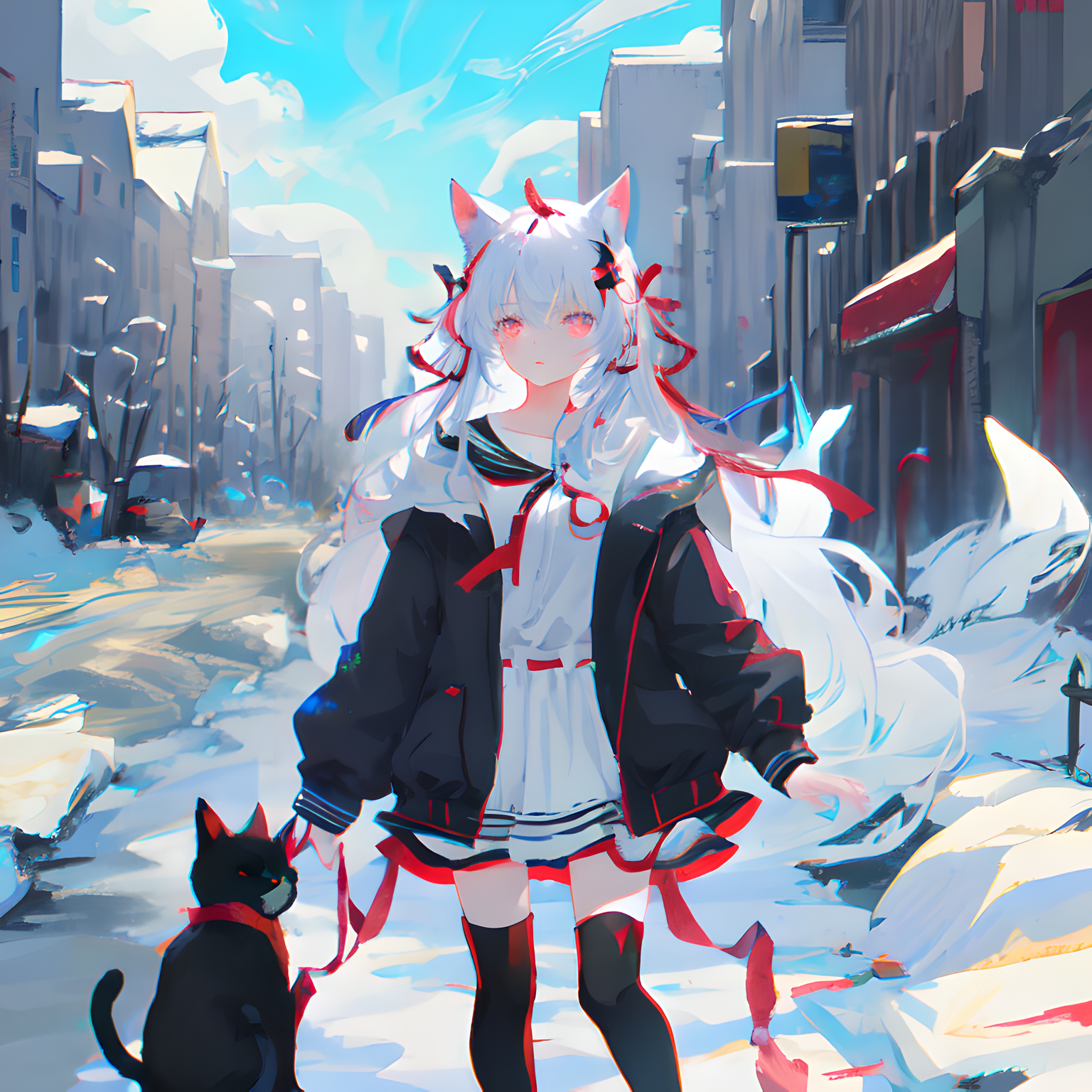 猫女孩和她的宠物，闲逛在城市里。插画图片壁纸