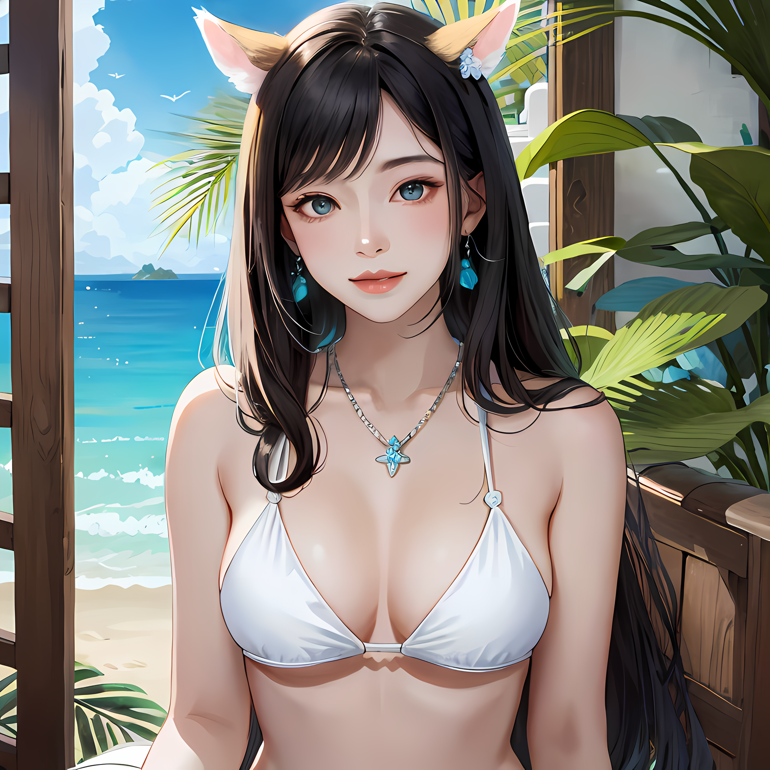 椰树海边，小姐姐珠宝闪闪，眺望远方，泳衣漆身，风吹长发，小动物耳朵，美丽海岛。插画图片壁纸