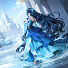 蓝衣少女独自观海城，长发秀逸水波间，静看瀑布湖泊间。