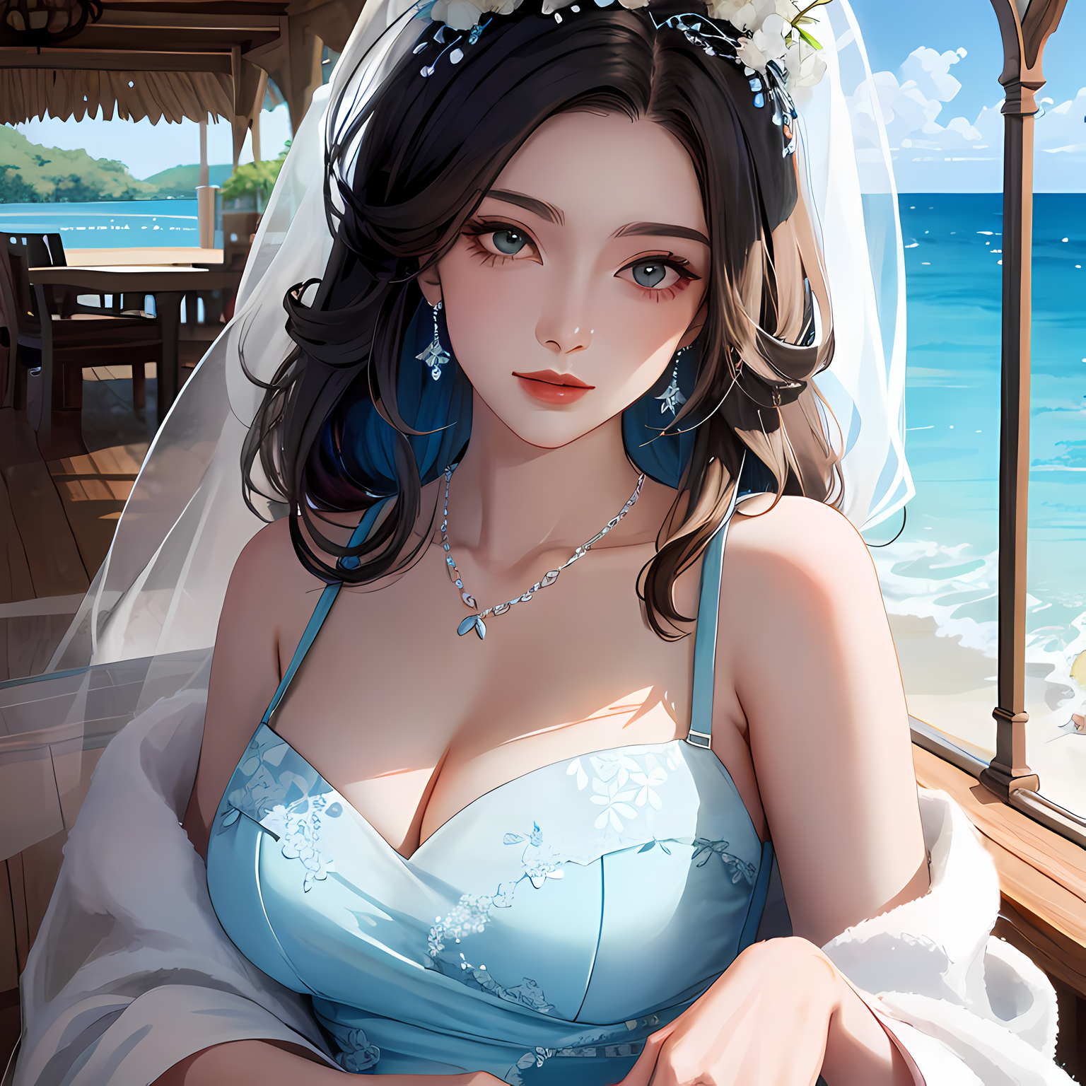 珍珠项链与海风沙滩，美丽少女含羞露乳。插画图片壁纸
