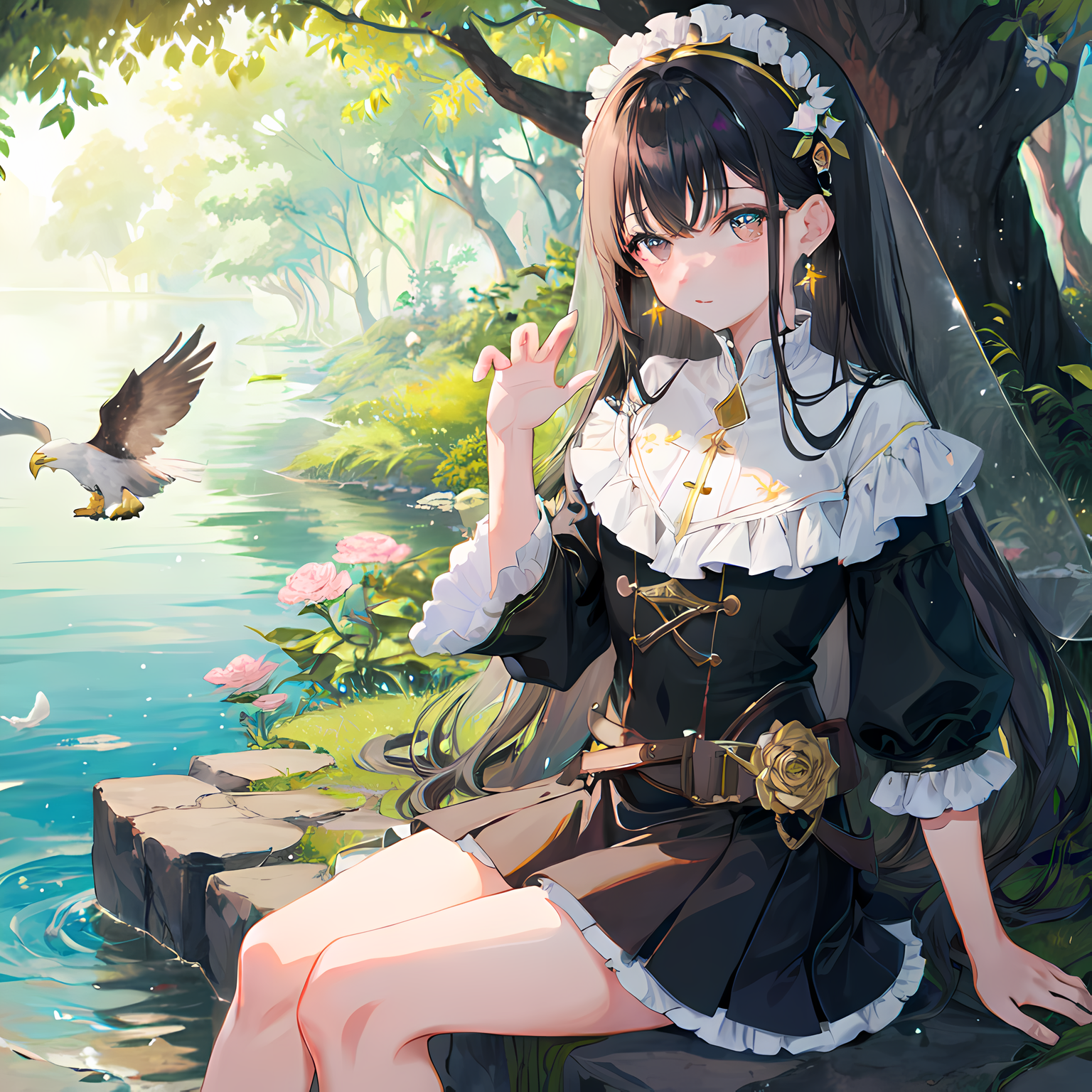 长发少女在野外湖边闲坐，玩弄小鸟，边享受大自然，伴着瀑布潺潺声。
