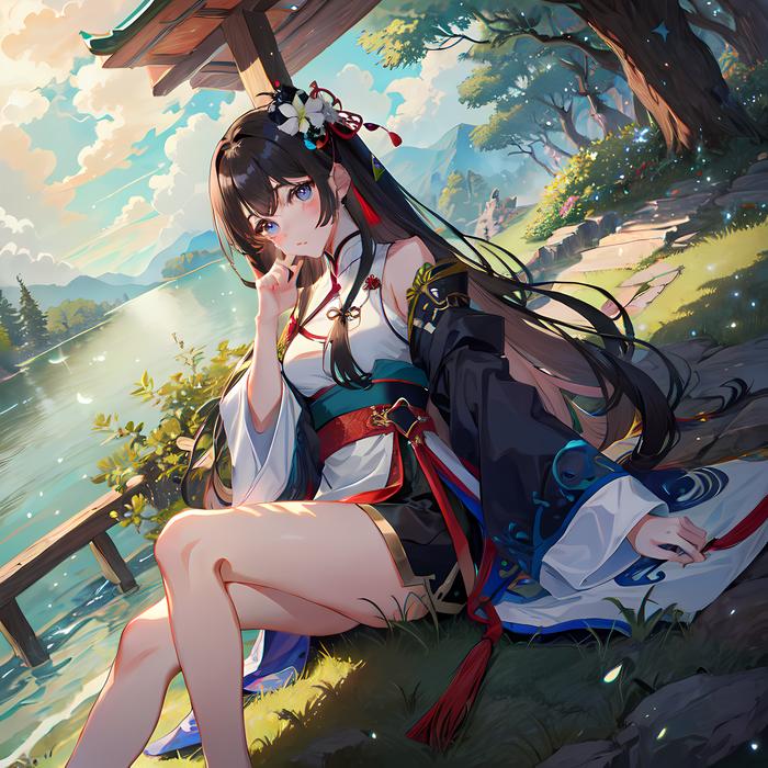 湖边少女想静静——二次元少女的钦定美好世界。插画图片壁纸