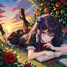 花海夕阳下，读书青年手捧玫瑰。