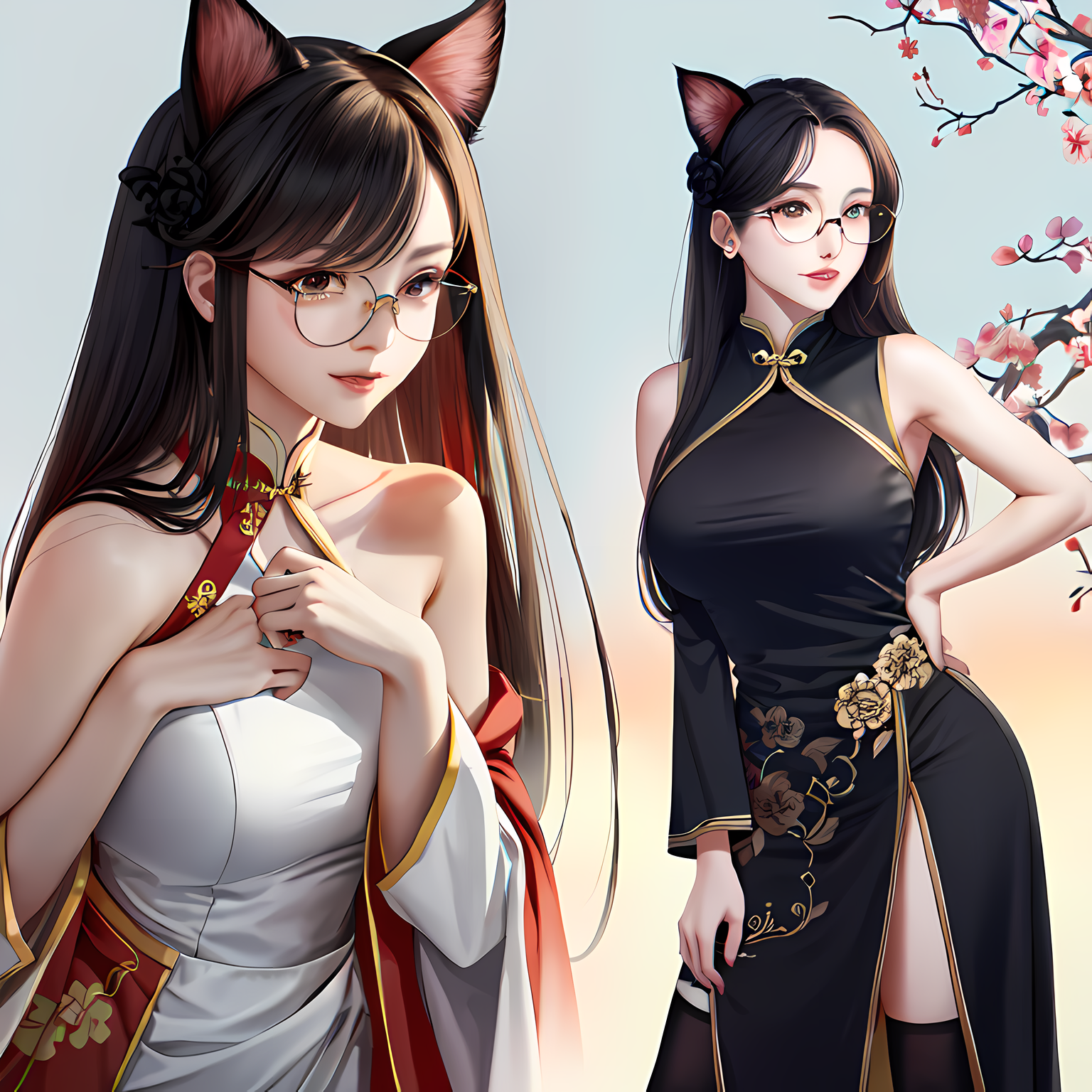 眼镜妹子们，穿中式衣服，动物耳朵，樱花和唯美元素。插画图片壁纸