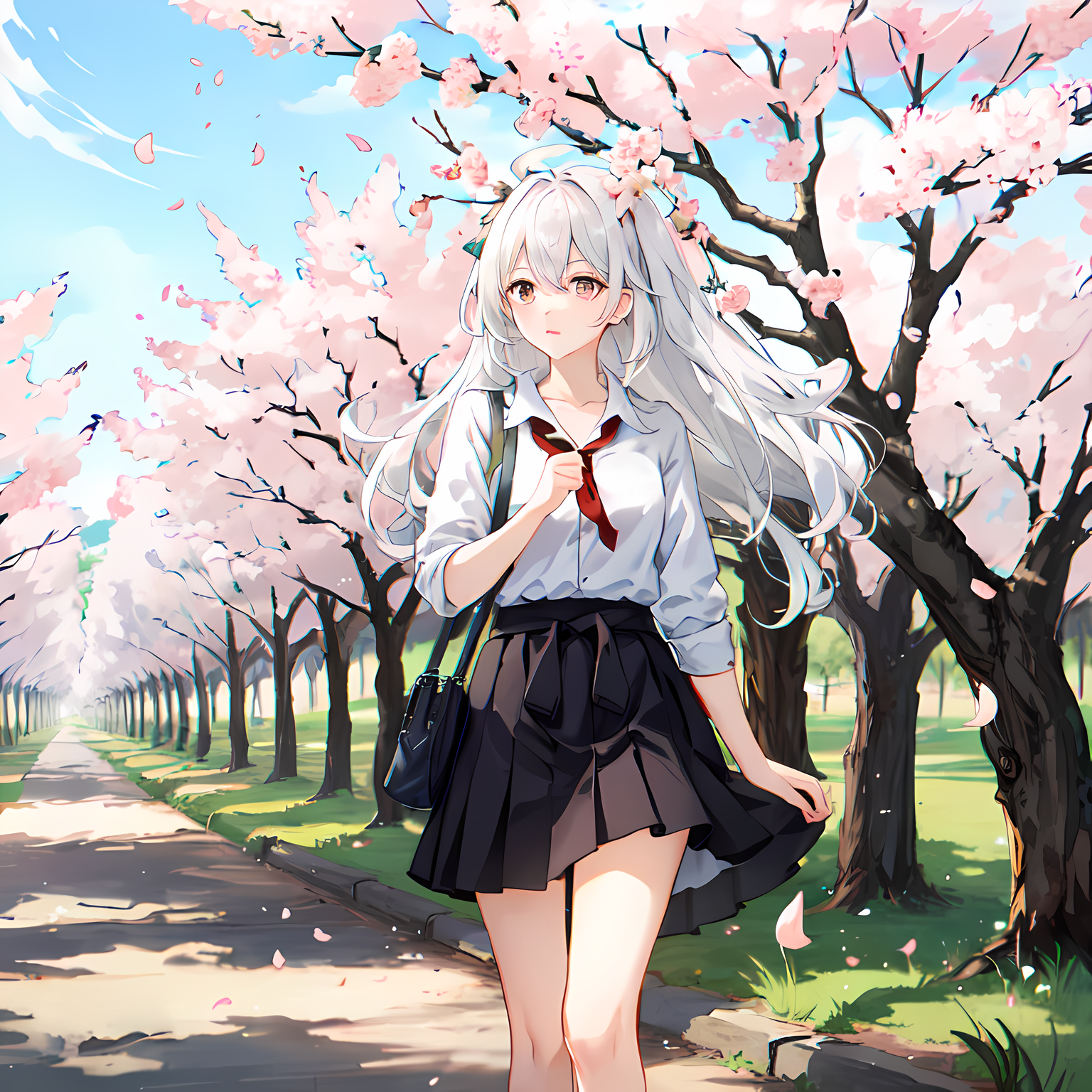 樱花树下，二次元少女的春天。插画图片壁纸