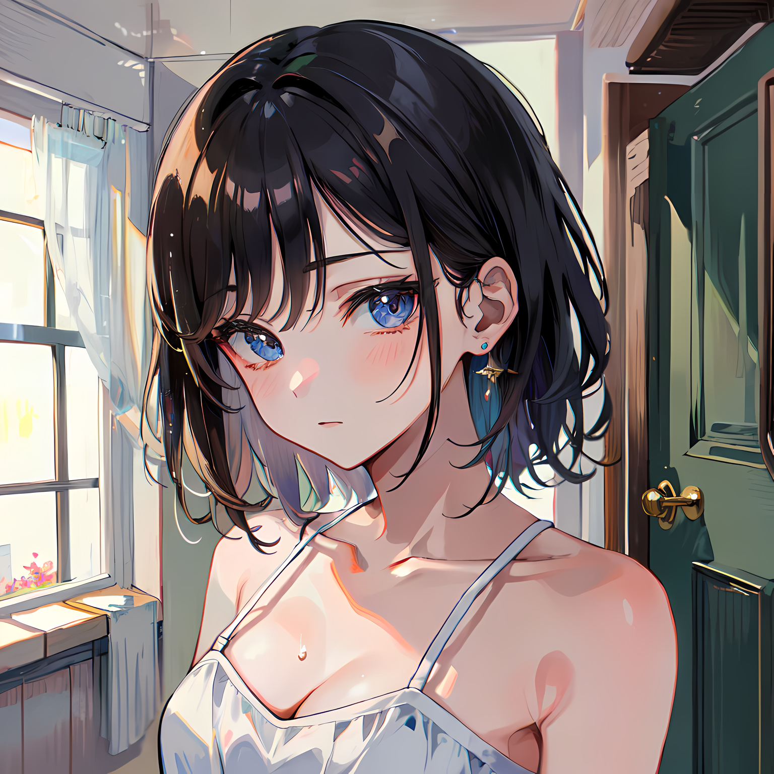 蓝眸短发美少女俯首倚窗读书插画图片壁纸