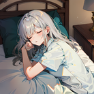 长头发萝莉睡在床上，闭眼躺在枕头上，被子覆盖着，穿着衬衫。