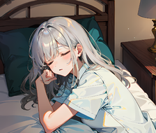 长头发萝莉睡在床上，闭眼躺在枕头上，被子覆盖着，穿着衬衫。