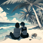 二次元少女海滩行，椰树海岸赏景心旷神怡。