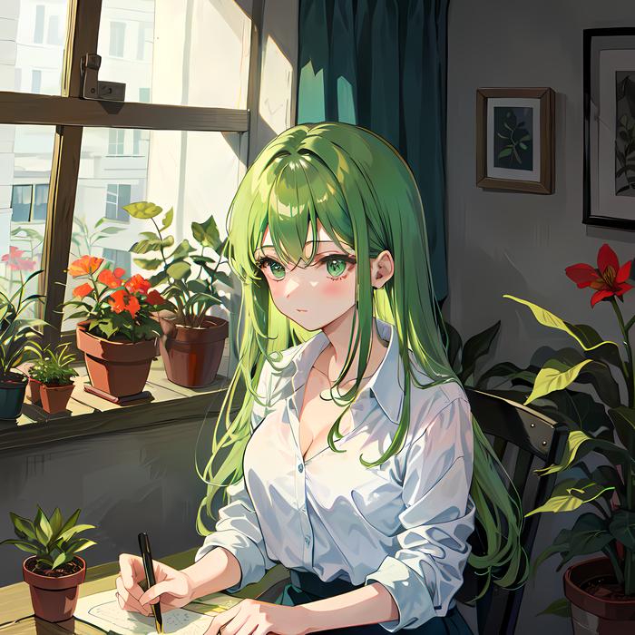 绿色植物女孩与世界的亲密接触插画图片壁纸