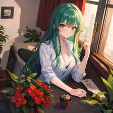 绿发女孩在晨曦中浇水，桌上的花草错落有致，映着窗外的夏日花海。头像同人高清图