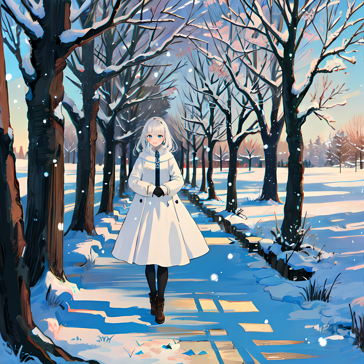 冬日裸枝下，少女独立湖畔，笑容浮现。插画图片壁纸
