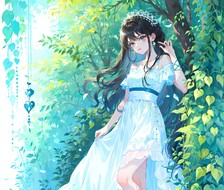 七夕约定花前，蓝眸少女裙裾飘，百花争艳偎树畔。