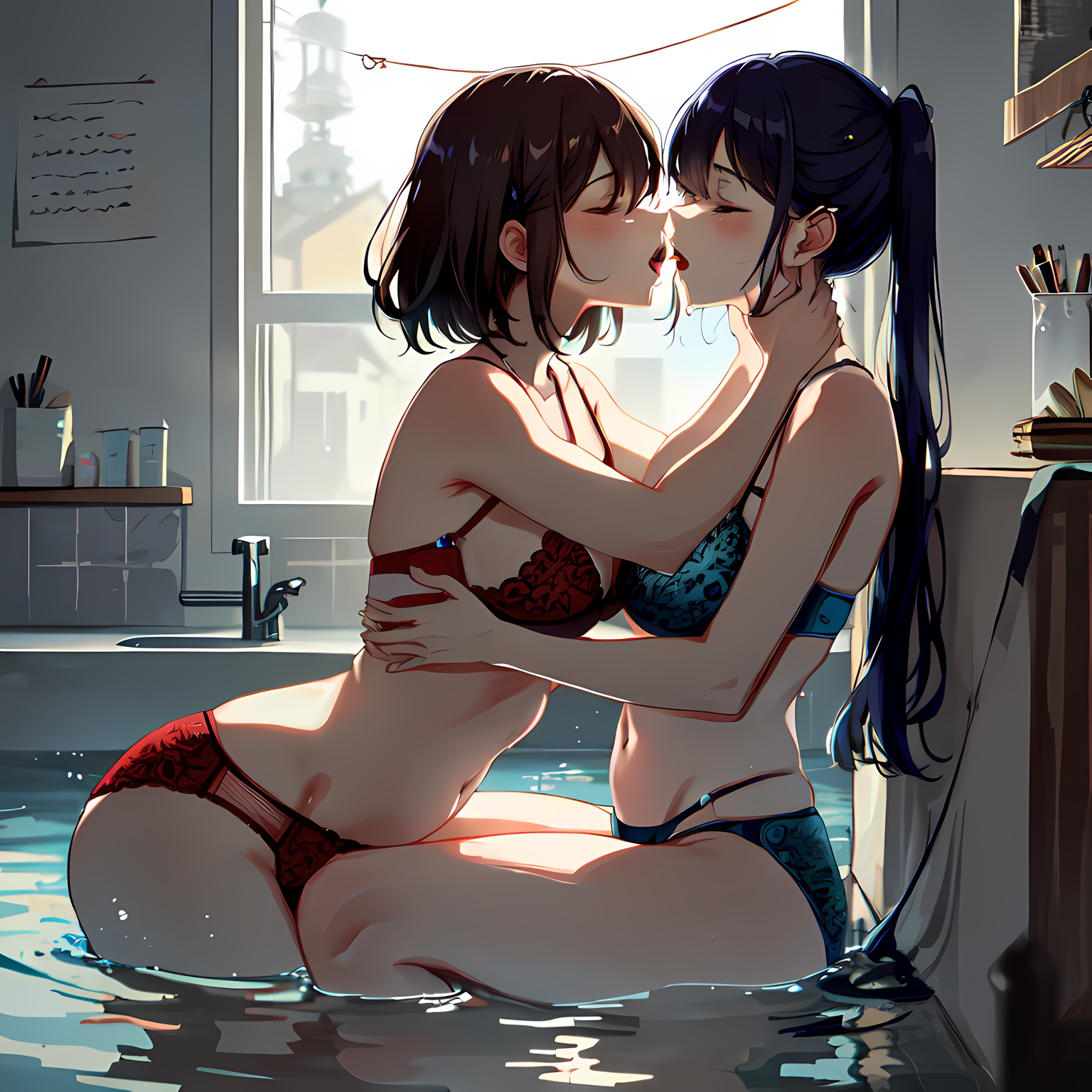 亲亲红色蕾丝，多人深情对视。