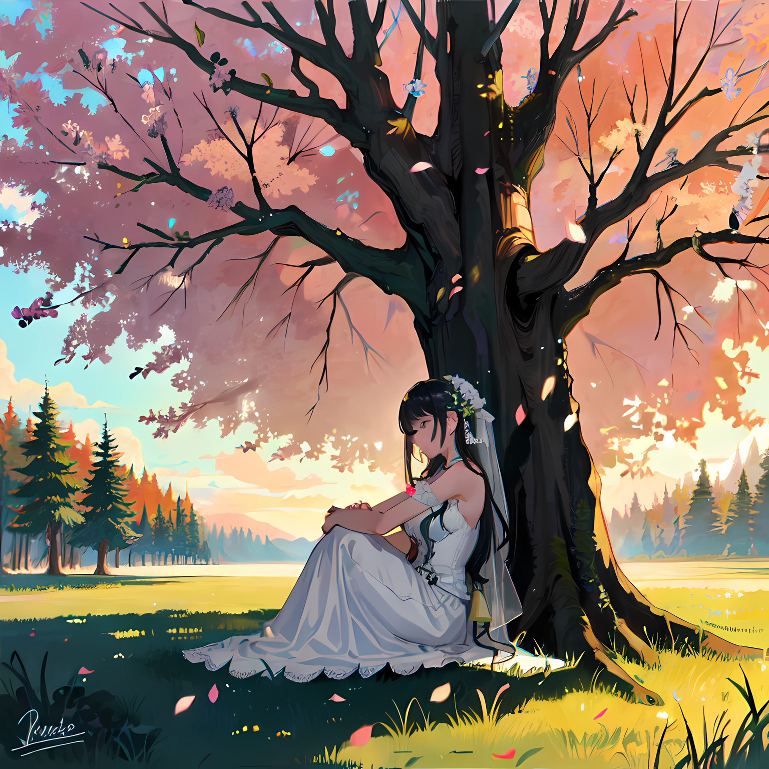 樱落枯树，湖畔秋色插画图片壁纸